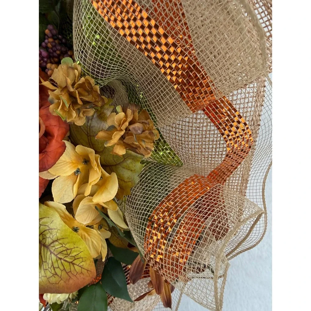 Handmade Fall Floral Wreath Orange Rose Burlap Deco Mesh Autumn Front Door Decor